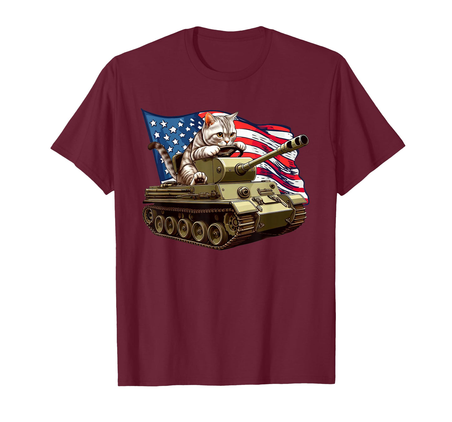 Cat Driving Army Tank American Flag Military Cat Lovers T-Shirt