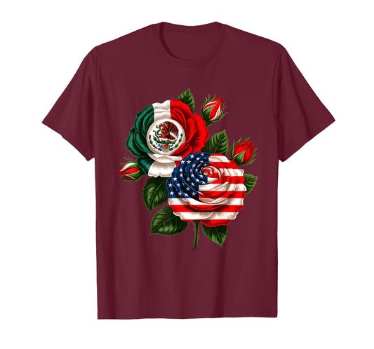 Mexico USA Flag Pride Mexican American Flag Rose Flower T-Shirt