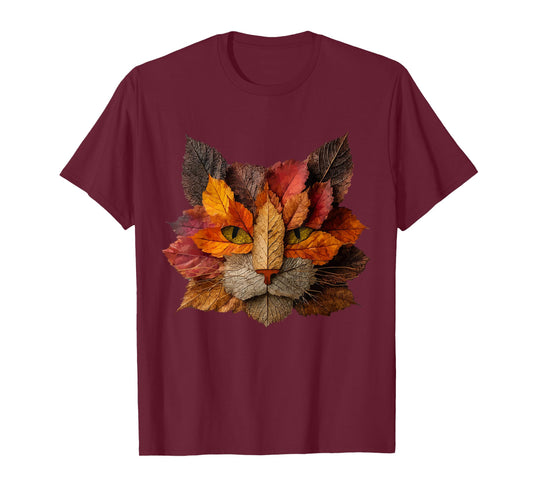 Colorful Cat Autumn Leaves Artistic Animal Kitten Aesthetic T-Shirt