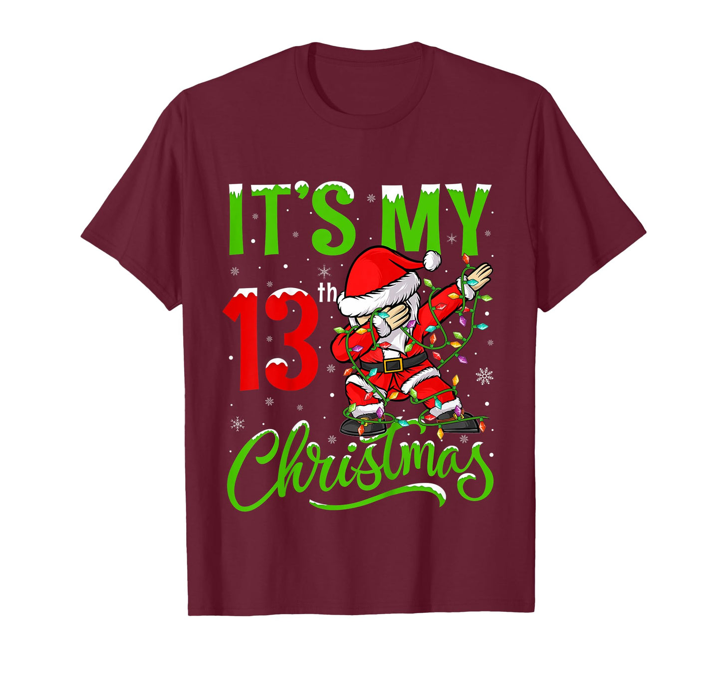 Kids Xmas Lighting Dabbing Santa It's My 13th Christmas Birthday T-Shirt