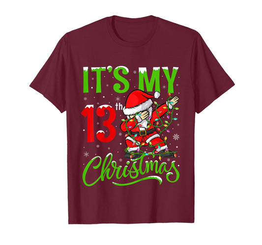 Kids Xmas Lighting Dabbing Santa It's My 13th Christmas Birthday T-Shirt