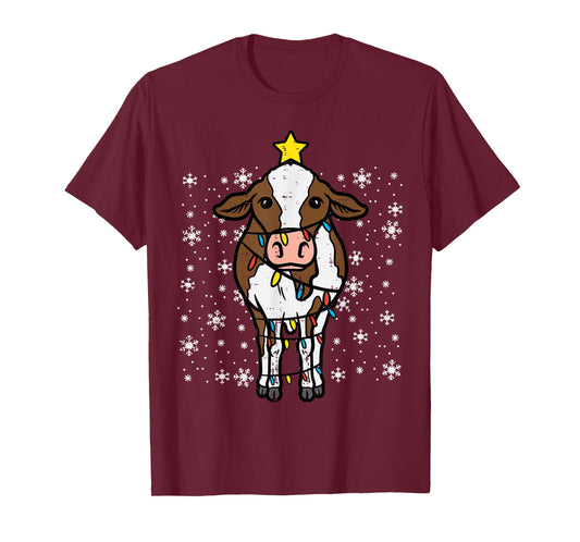 Cow Christmas Lights Funny Xmas Farm Farmer Men Women Kids T-Shirt