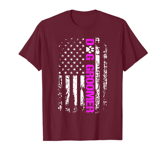 Dog Groomer Shirt American Flag Patriotic Dog Groomer Gift T-Shirt