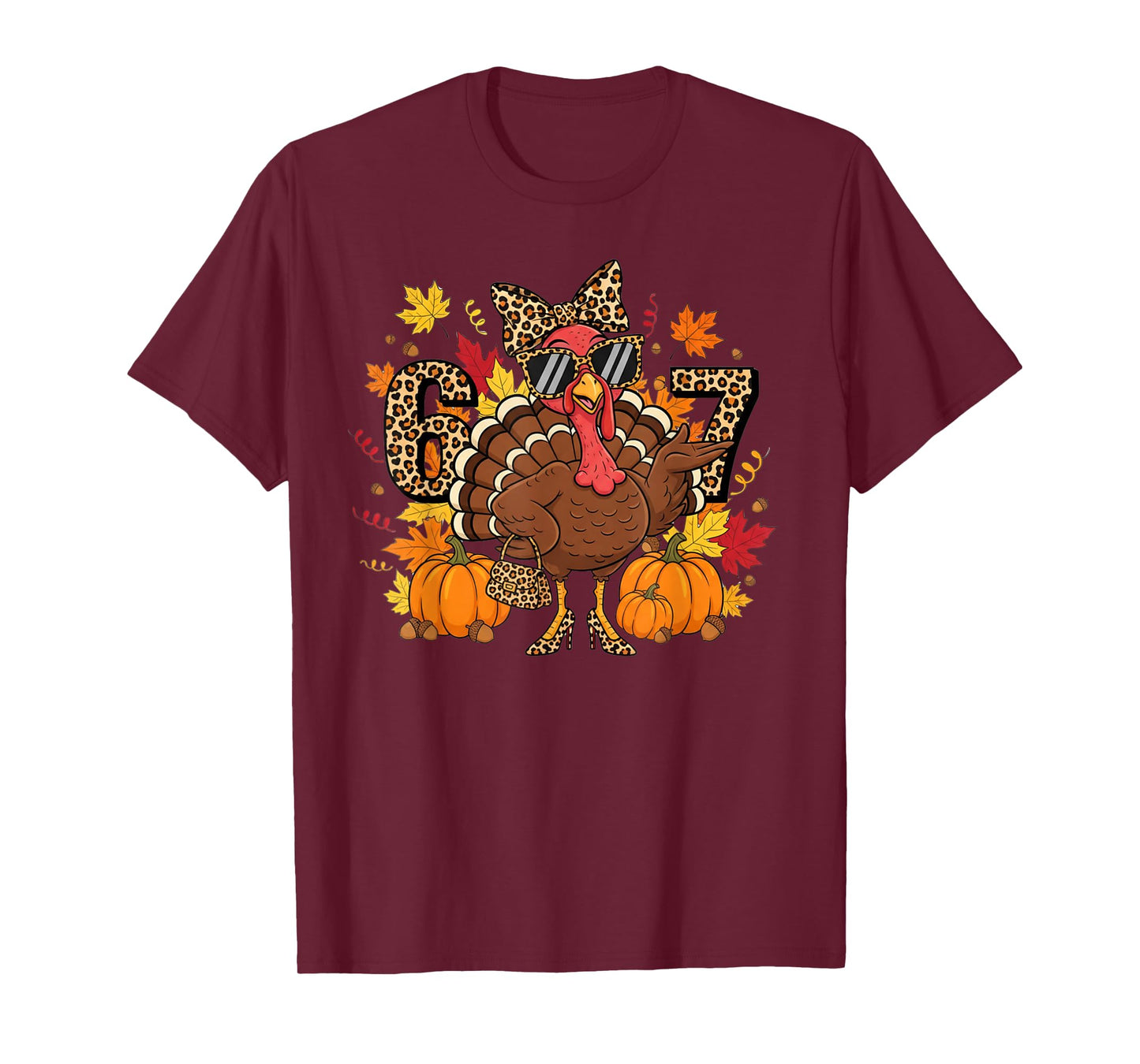 6 7 Thanksgiving Funny Leopard Bow Turkey Six Seven Teacher T-Shirt