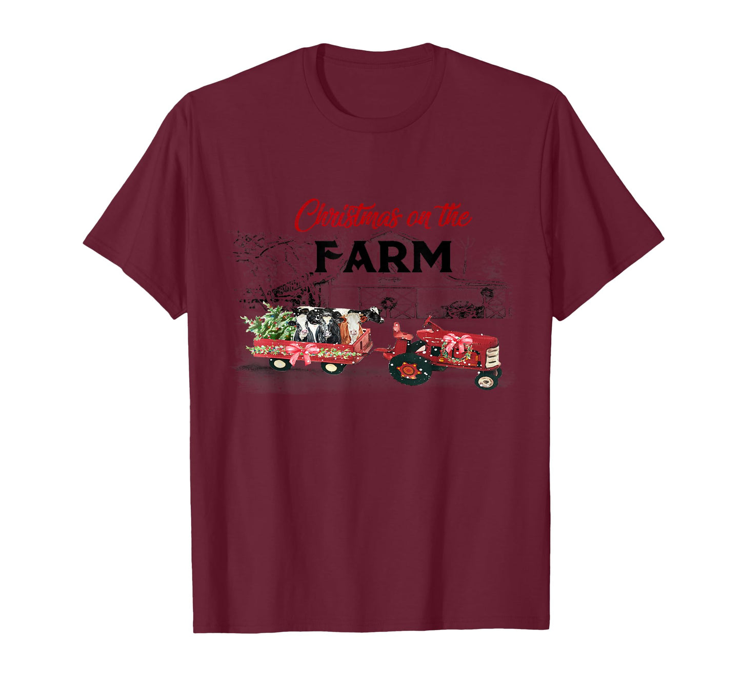 Cow Red Truck Christmas On The Farm T-Shirt