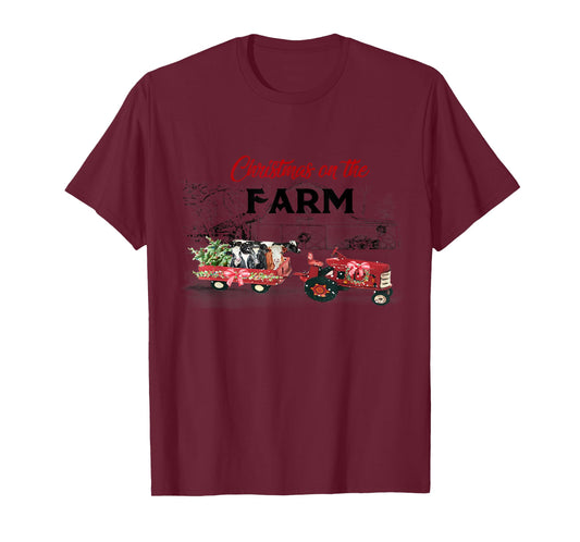 Cow Red Truck Christmas On The Farm T-Shirt