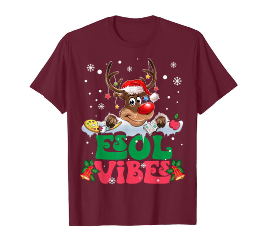 Christmas Reindeer Santa ESOL Vibes Funny Teacher Kids T-Shirt