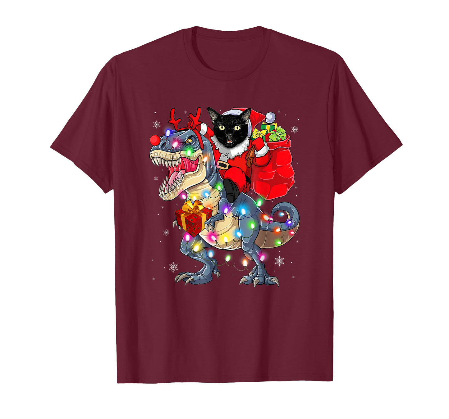 Funny Santa Cat Riding Dinosaur Xmas Lights T-Shirt