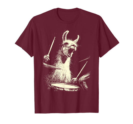 Cute Llama Playing Drums Funny Music Animal Drummer Graphic T-Shirt
