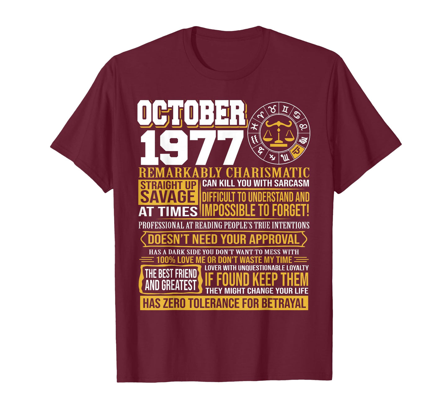October Birthday Gifts - Born October Libra 1977 Funny T-Shirt