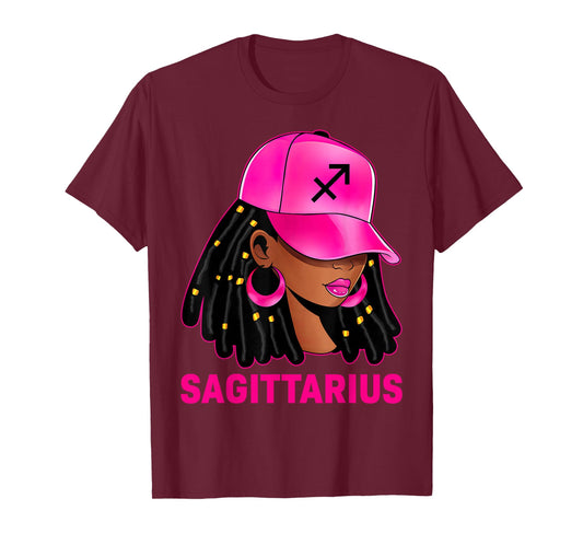 Sagittarius Queen Loc'd Hair Black Woman Cap Zodiac Sign T-Shirt