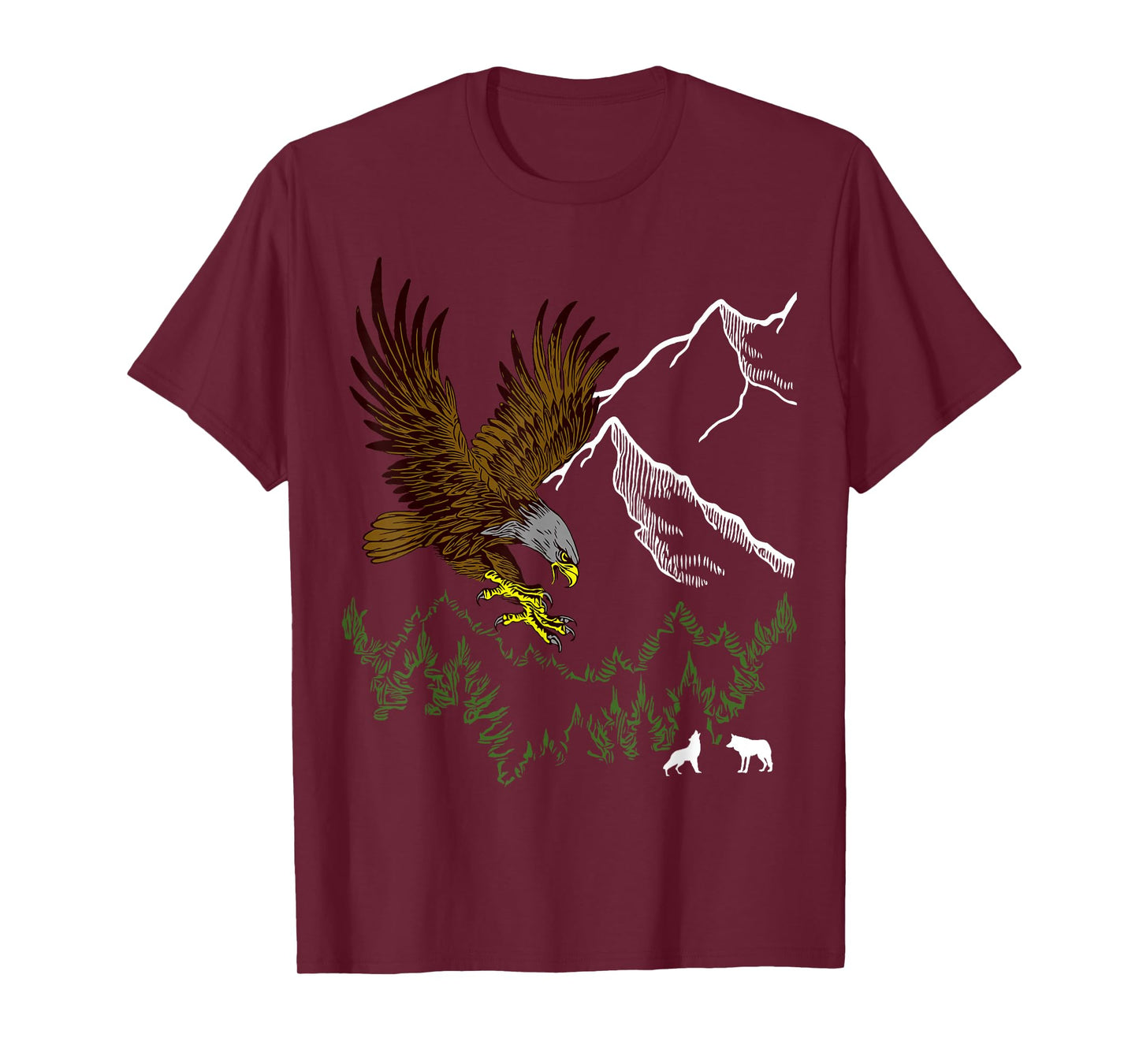 Mountain Forest tree Design Eagle Bird, Wolf Animal Graphic T-Shirt