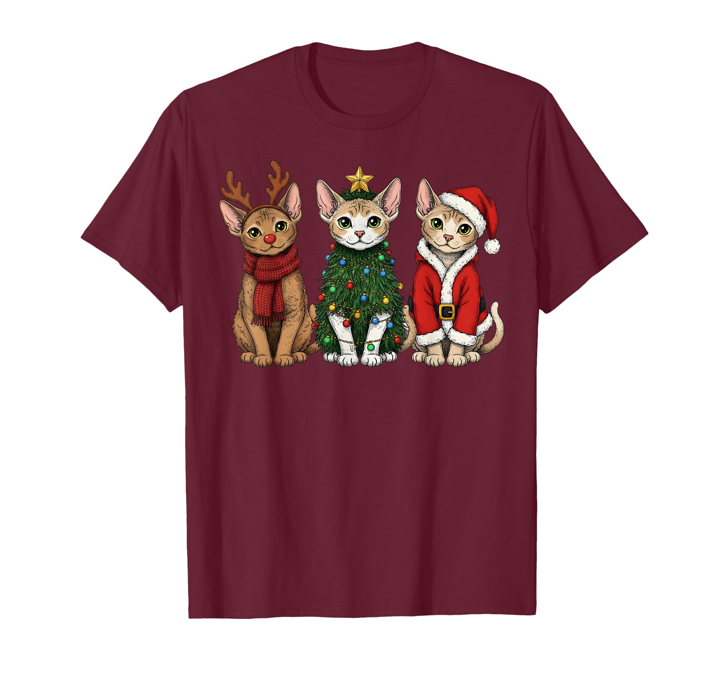 Retro Christmas Devon Rex Cat Santa Reindeer T-Shirt