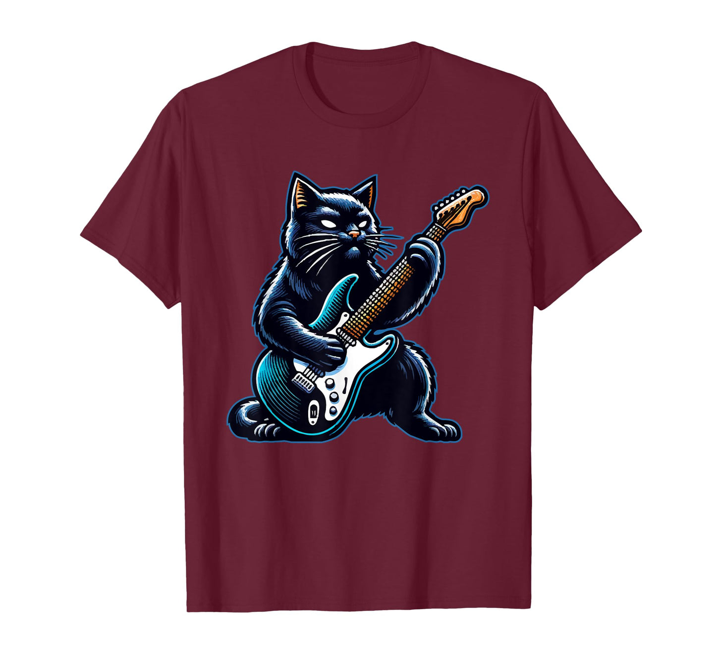 Black Cat Playing Guitar Rock and Roll Rock Star Design T-Shirt