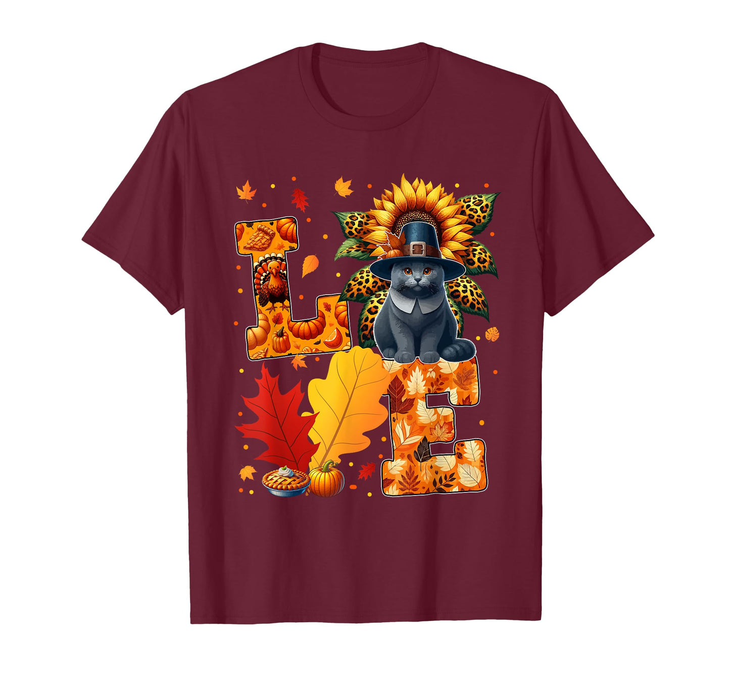 LOVE Thanksgiving Russian Blue Cat Costume Fall Leaves T-Shirt for Men Women Kids
