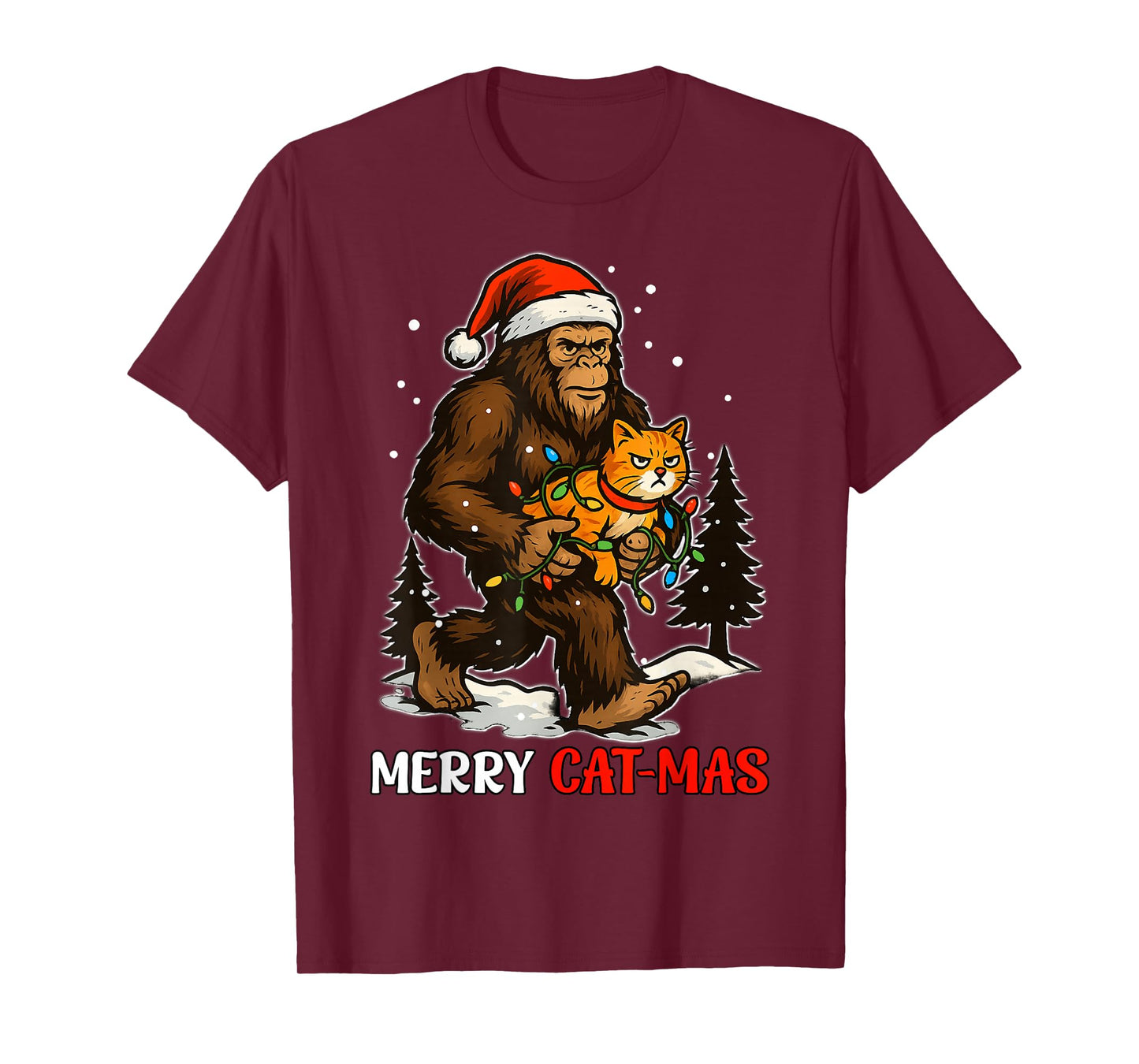 Merry Catmas Bigfoot and Lights Santa Hat Funny Cat Xmas T-Shirt