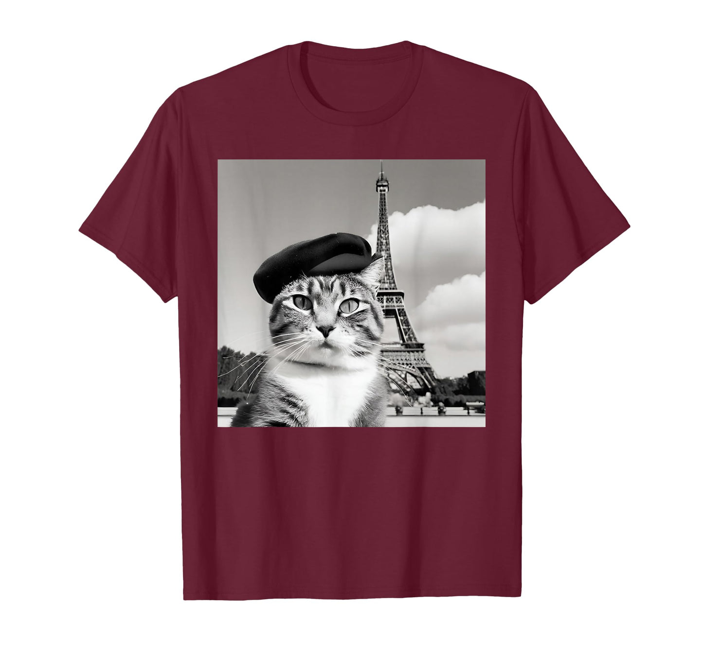 Funny Cat Wearing a Beret at The Eiffel Tower in France T-Shirt