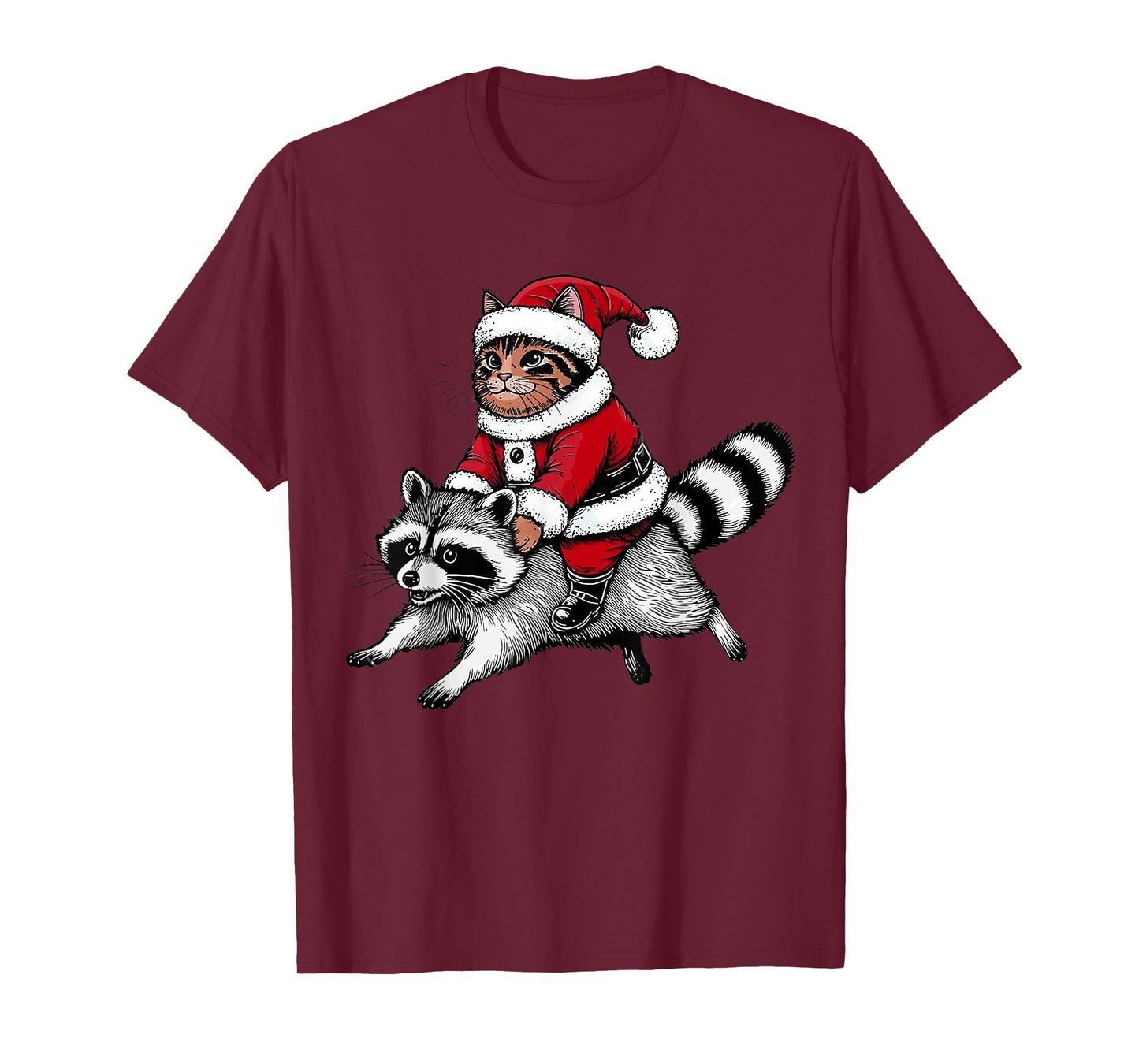 Santa Cat Riding A Raccoon Christmas Men Women Kids T-Shirt