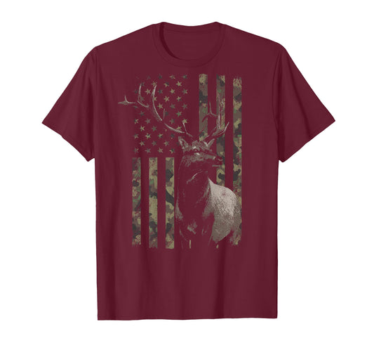 Elk Hunting Camo American Flag Camouflage (Design on Back) T-Shirt