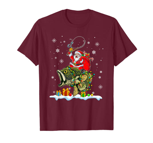 Christmas Bass Fishing Funny Santa Riding Fish Fishermen PJ T-Shirt