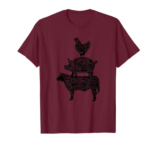 Cow Pig Chicken Parts Retro Beef Pork Poultry Meat Cuts Gift T-Shirt