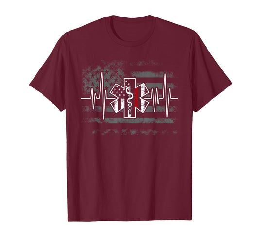 Firefighter EMS Heartbeat EKG Pulse Fireman American Flag T-Shirt