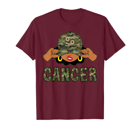 Cancer Queen Black Woman With Camo Cap Afro Girl Zodiac T-Shirt