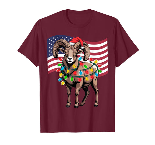 Christmas Desert Bighorn Sheep Ram USA Flag Santa Hat Funny T-Shirt