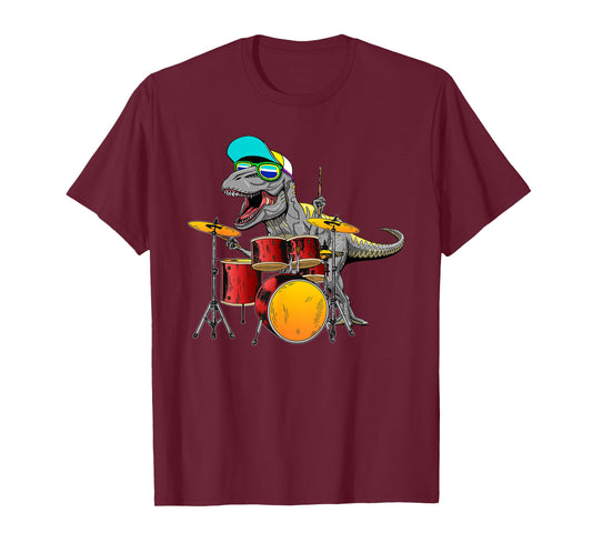 Great Dinosaurs Drums Music Playing T rex Design T-Shirt Small