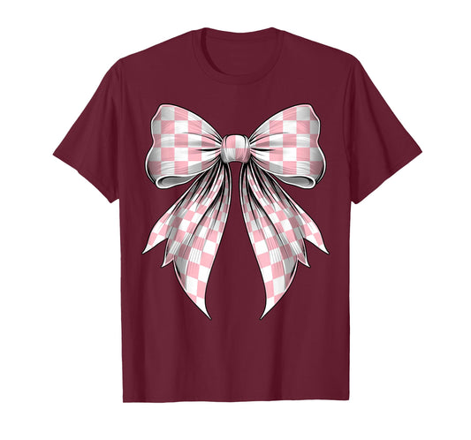 Coquette Bow Danish Pastel Pink Checked Pattern Girls Women T-Shirt