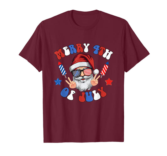 Santa Claus American USA Flag Christmas in July 4th of July T-Shirt