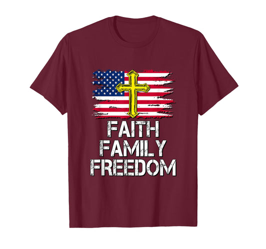 Faith Family Freedom - American Flag and Cross - Distressed T-Shirt