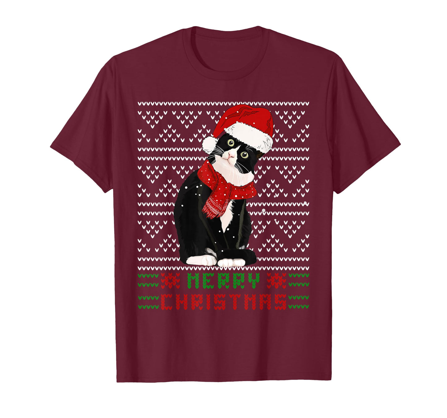 Ugly Christmas Black Cat Santa Hat Scarf Cute Tuxedo Cat Men Women Kids T-Shirt
