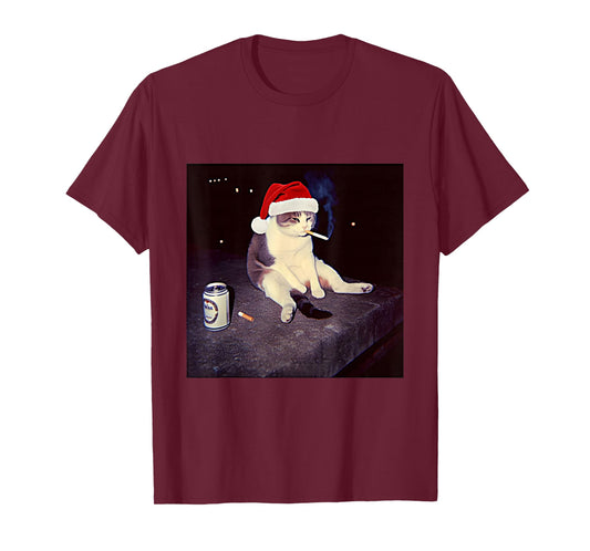 Cigarette Kitten Christmas Hat Cat Smoking Meme Brainrot T-Shirt