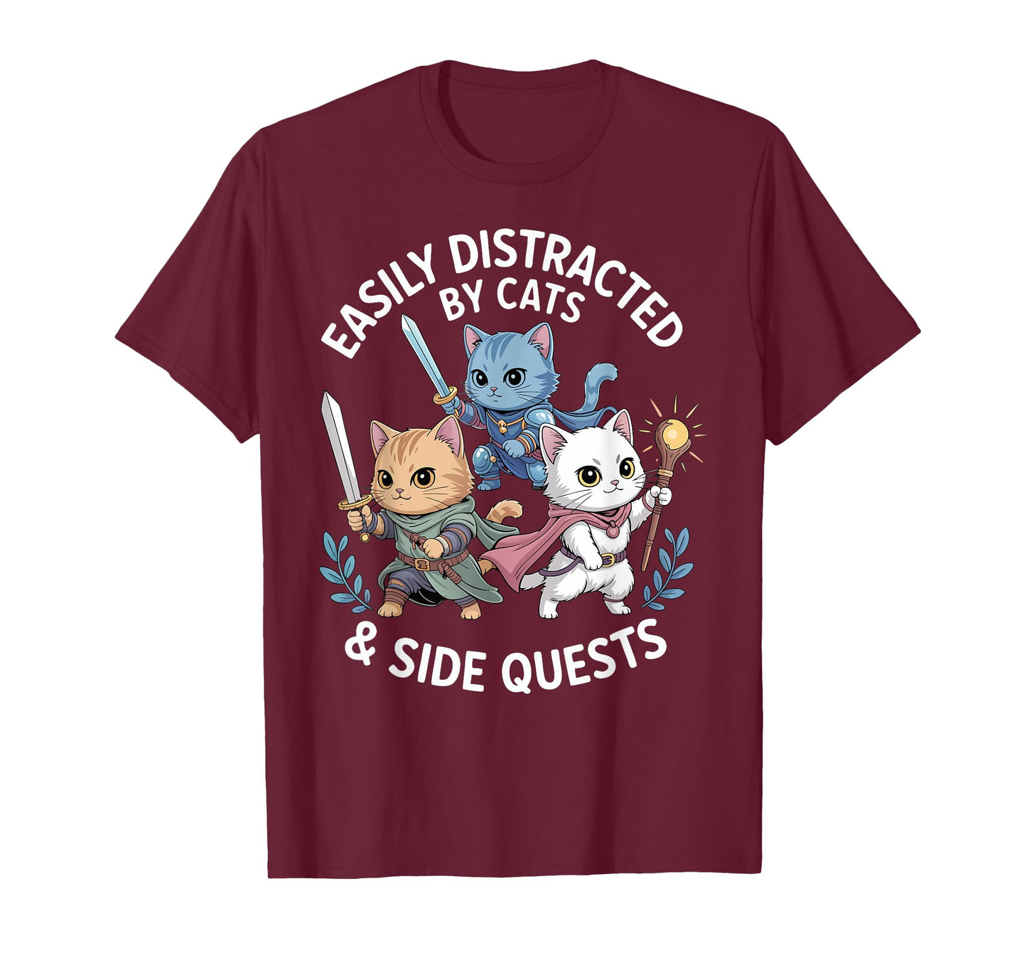 Easily Distracted by Cats & Side Quests Funny Cat Gamer RPG T-Shirt