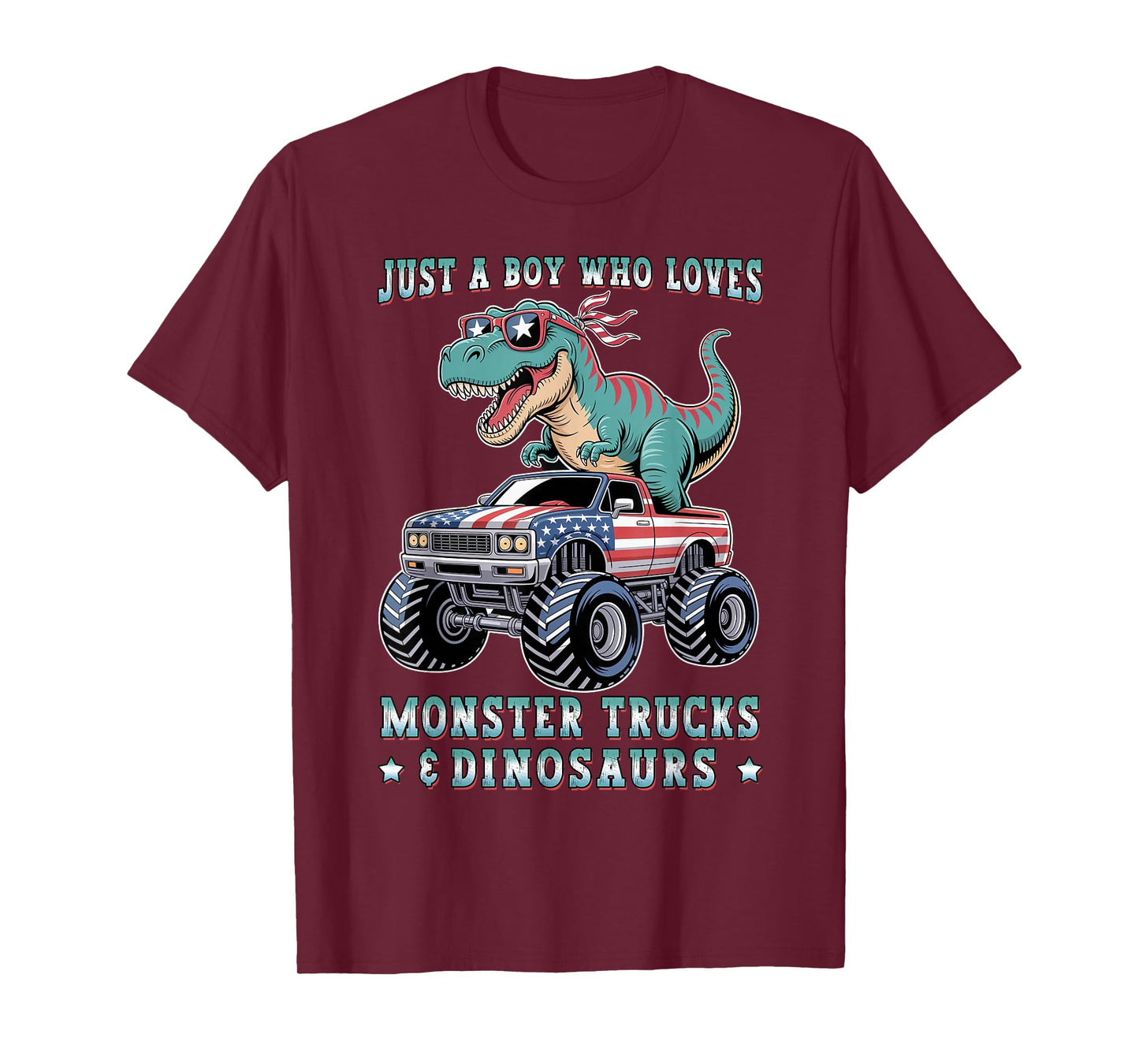 Just A Boy Who Loves Monster Trucks Dinosaurs Trex USA Flag T-Shirt