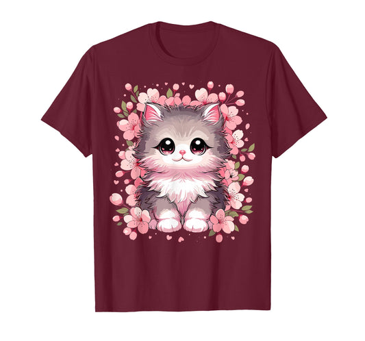 Cute Kawaii Cat With Cherry Blossoms Cat T-Shirt