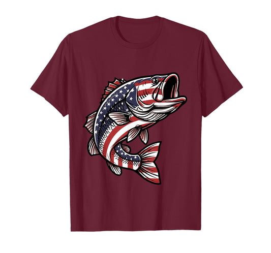 Vintage Bass Fishing American Flag Fish Kids Boys Women Men T-Shirt