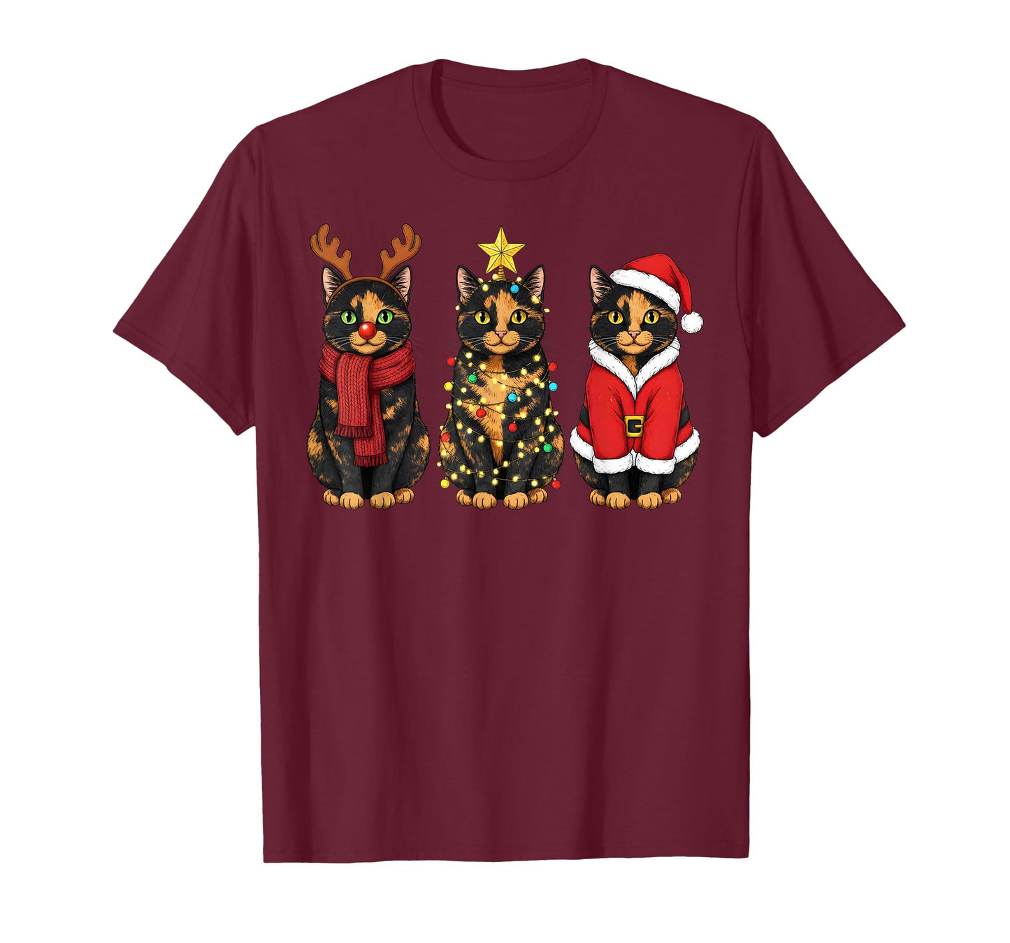 Retro Christmas Tortoiseshell Cat Santa Reindeer T-Shirt
