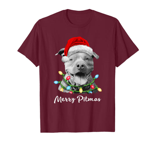 Pit Bull Santa Christmas Tree Lights Xmas Merry Pitmas T-Shirt
