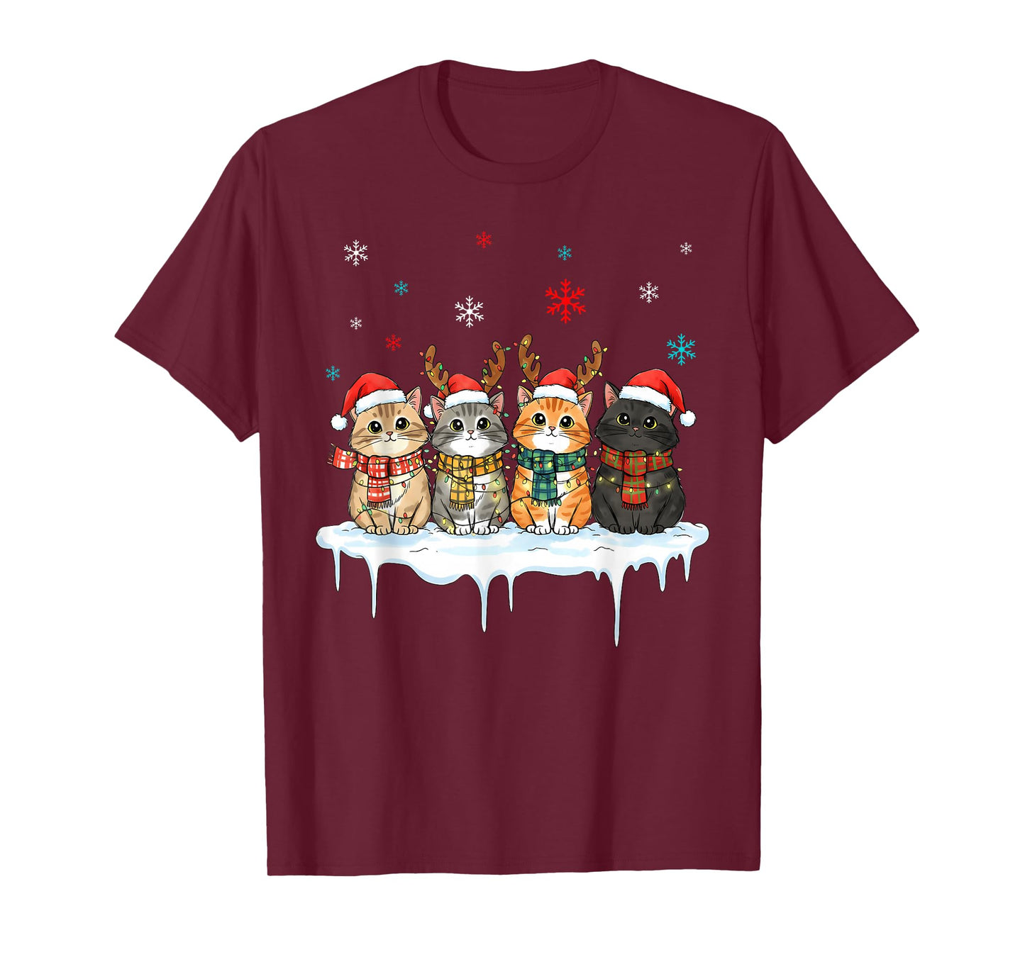 Cute Christmas Cats Lights Santa Hats Xmas Matching Family T-Shirt