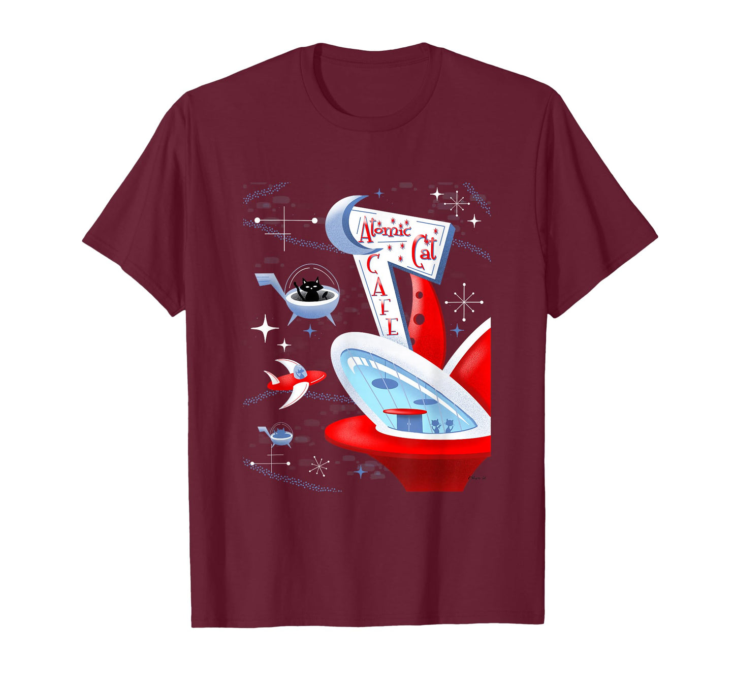 Funny Atomic Cat Cafe Retro Futuristic Spaceport Mid Century T-Shirt