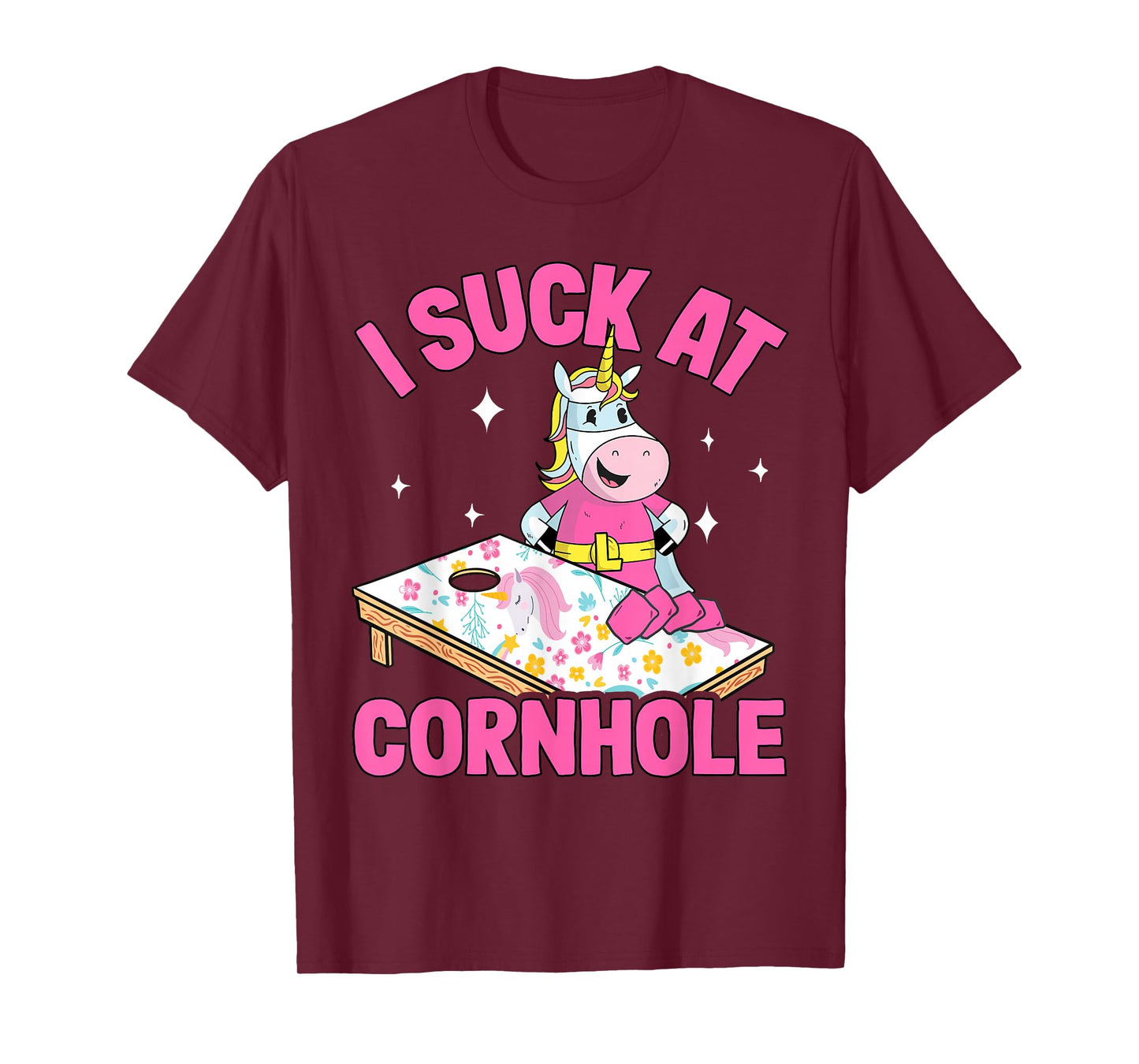 I Suck At Cornhole Loser FunnyJoke Pink Unicorn Corn Hole T-Shirt