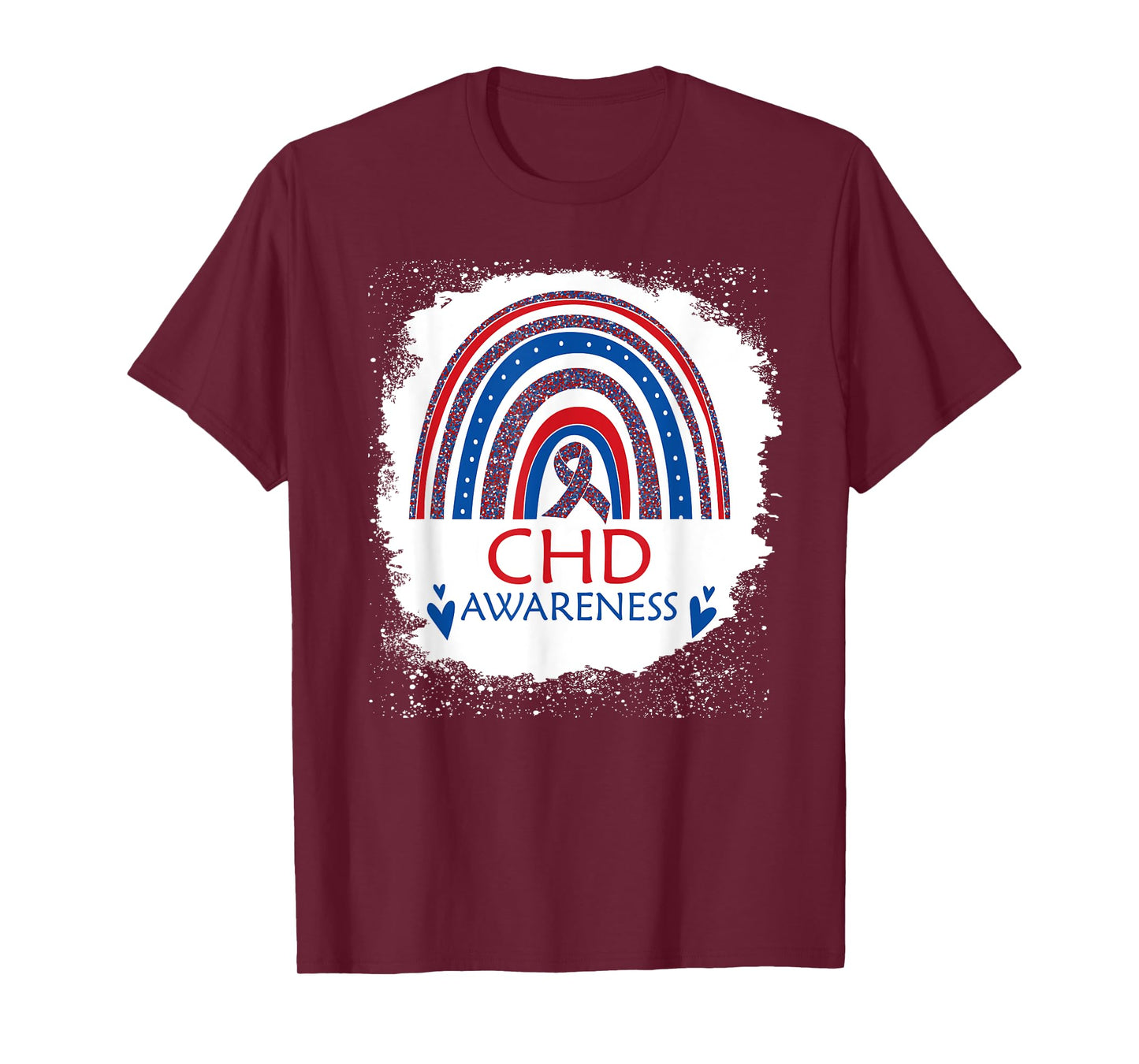 CHD Awareness Heart Disease Bleached Rainbow Blue Red Ribbon T-Shirt