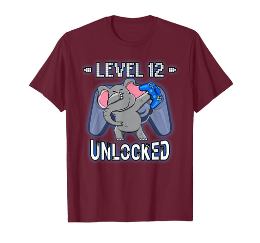 Level 12 Unlocked Funny Dabbing Elephant Gamer 12th Birthday T-Shirt