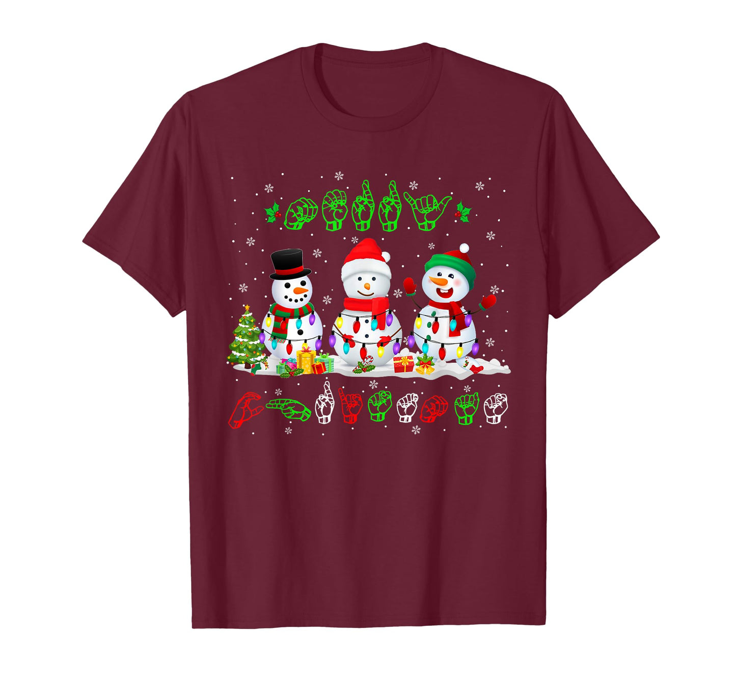 Christmas Lights Merry Christmas Snowman ASL Sign Language T-Shirt