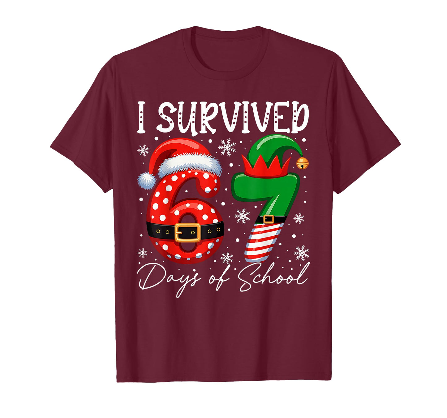 I Survived 67 Day of School Funny 67 Xmas Santa Elf Hat Meme T-Shirt