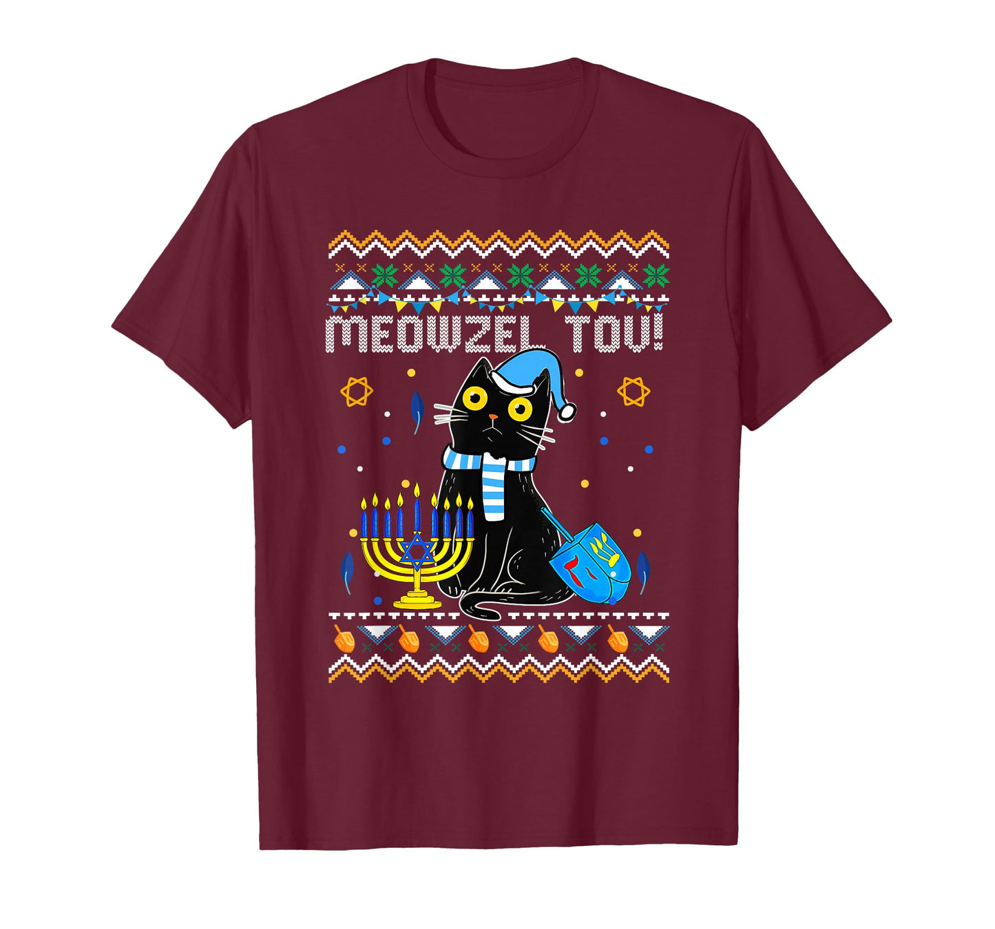 Funny Happy Hanukkah Hanukkat Meowzel Tov Jewish Cat Menorah T-Shirt
