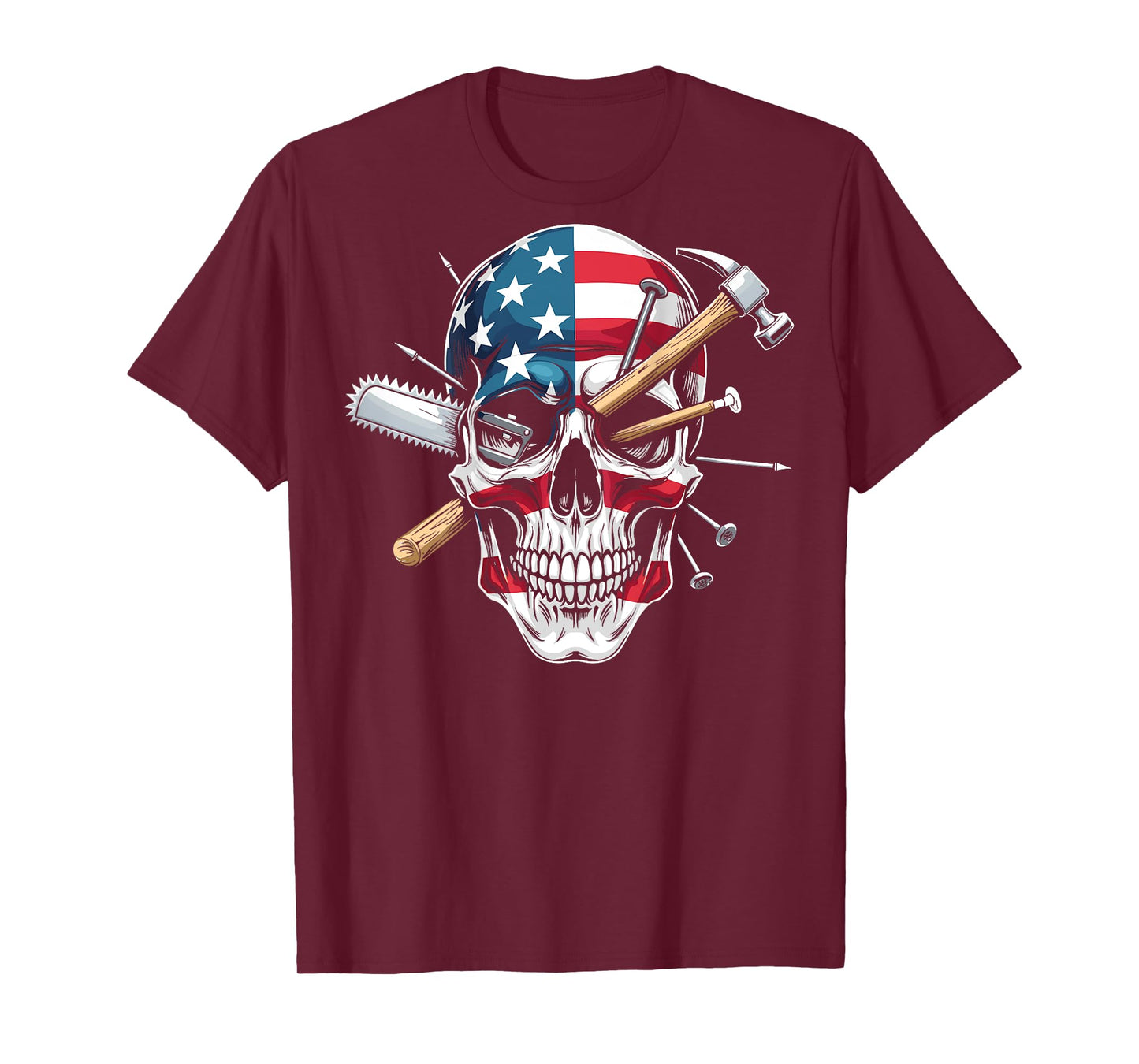 Carpenter skull American flag carpenter saw hammer on back T-Shirt