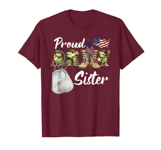 Proud Army Sister Military Sister with Dog Tag US Flag T-Shirt